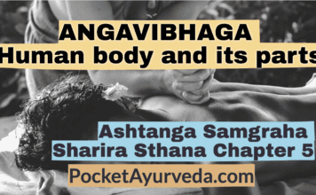 Ashtana Sangraha Sharira sthana chapter 5 called Angavibhaga shariram - human body and its divisions. अथातोऽङ्गविभाग शारीरं व्याख्यास्यामः । इति ह स्माहुरात्रेयादयो महर्षयः ॥१॥ Anga pratyanga सकलमपि शरीरमङ्गमित्युच्यते । तत्र पुनः षडङ्गं शिरोन्तराधिद्वौ बाहू सक्थिनी च। नेत्रनाभिपाणिपादादीनि त्वस्य प्रत्यङ्गानि ॥२॥ The body as a whole is known as Anga, again ithas six angas (major parts) - the head, the trunk, two arms and two legs; eyes, umbilicus, hands, feet and others are the pratyangas (minor parts). (2) Pancha bhautikam shariram महागुणमयेभ्यश्च खपवनतेजोजलभूम्याखेभ्यो महाभूतेभ्यश्चेतनाधिष्ठितेभ्योऽभिनिर्वृत्तिरङ्गस्य ॥३॥ The body is composed of (born out of) the Mahagunas (satva, rajas and tamas), the Mahabhutas known as kha (akasha), pavana (vayu), tejas (agni) jala (ap) and bhumi (prthvi) and combined also with chetana. ( 3 ) Notes : Akasha, vayu, tejas, ap and prthvi are known as panchamahabhutas - the five primordial elements, from which the entire universe is made. Satva, rajas and tamas are the three mahagunas or primary qualities, they are present in vary portions in all the things of the universe; chetana means Atma or the Soul - which is the cause of all activity (life or living). भूतानामेव च दृष्टादृष्टविविधकर्मवशादनेकरूपात्सन्निवेशविशेषादाकृतिप्रमाणस्नेहदीप्तिस्वरादीनां सारूप्यमसारूप्यं वा सूक्ष्मस्थूलतारतम्यभेदभिन्नमतिबहुप्रकारं निष्पद्यते ॥४॥ Though arising out of the bhutas (five elements) only, by the effect of different kinds of actions - seen and unseen - and combination of things of different nature, there occurs a multitude of human beings having similarity or dissimilarity of shape, size, compactness, complexion, voice, etc of the body, in different degrees of combinations - subtle and gross - in varying proportions. (4) Notes: All things of the universe are composed of the panchabhutas only combining in different proportions, so also the human body. The multitude of human features (mental and physical characteristics) are ascribed to the proportion of different bhutas, each of different nature and also to the effect of actions of the present life (seen) and of the past lives (unseen). तत्र सत्त्वबहुलमाकाशम् । रजोबहुलो वायुः । उभयबहुलोऽग्निः । सत्त्वतमोबहुलमम्बु । तमोबहुला भूः । तेषामप्रतिघातश्चलत्वमौष्ण्यं द्रवता काठिन्यमिति क्रमाल्लिङ्गानि । विशेषतश्च श्रोत्रादिष्विन्द्रियेष्ववस्थानम् । शब्दस्पर्शरूपरसगन्धैरेकैकप्रवृद्धैरन्वयः ॥५॥ Akasha (space) is preponderant with satva, Vayu with rajas, Agni ( tejas) with both these; Ambu (ap) with satva and tamas; Bhu ( prithvi) with tamas. Non-hinderance, (resistence - free), movement (motion), heat, liquidity, and hardness – are their ( bh atas) specific charectorestics respectively; their (seats) are especially the sense organs like the ears etc; sound, touch, sight, taste and smell are to be attributed to each of these respectively in the increasing order. (5) Notes: Ears, the organs of hearing are the dwelling place, especially of akasha, skin - the organ of touch is that of vayu; eyes - the organs of sight is of Tejas; tongue - the organ of taste is of ap; nose the organ of smell is of Prithvi; sound-touch-sight-taste and smell are also the features of each of the bhutas respectively, commencing with akasha. But during their combination, the features also combine together, resulting in the presence of more features (properties) than one, in the mahabhutas, such as akasha has only one property the sound, Vayu has two properties sound and touch; Tejas has three - sound, touch and sight, ap has four-sound, touch, sight and taste; prithvi has all the five-sound, touch, sight, taste and smell. तत्राकाशजानि श्रोत्रं शब्दः सर्वस्त्रोतांसि विविक्तता च । वायवीयानि स्पर्शनं स्पर्श प्रश्वासोच्छ्वासादिपरिस्पन्दनानि लाघवं च । आग्नेयानि दर्शनं रूपं पित्तमूष्मा पक्तिः सन्तापा मेधा वर्णो भास्तेजः शौर्यं च । आम्भसानि रसनं रस: स्वेदक्लेदसारसासृकशुक्रमूत्रादिद्रवसमूहः शैत्यं स्नेहश्च । पार्थिवानि घ्राणं गन्धः केशनखास्थ्यादिमूर्तसमूहो धैर्यं स्थैर्यं च ॥६॥ 1 The ears, sound, all the channels and vachant places of the body are born from akasha; the skin, touch, inspiration and expiration and such other movements and weightlessness are born from vayu, Eyes, sight, pitta, heat (body temperature ), digestion (of food), feeling of heat ( exhaustion), intellect, colour, complexion, valour and bravery are from agni (Tejas); The tongue, taste, sweat (moisture), muscle-fat. plasma (and lymph) blood, semen, urine and such other body fluids, coldness and unctuousness are from ap; The nose, smell, hairs, nails, bones and other solid substances, courage and stability are from Prithvi bhutas. ( 6 ) Matruja bhava - maternal organs तेषु मातृजानि मृदूनि त्वग्रक्तमांसमेदोमज्जनाभिहृदयामाशयगर्भाशययकृत्प्लीहाक्लोमान्त्रगुदादीनि ॥७॥ Among them (organs of the body), those which are soft such as the skin, blood, muscles, fat, marrow, umbilicus, heart, stomach, uterus, liver, spleen, kloma (pancreas), intestines, rectum and others are maternal (in origin). (7) Pitrujabhava paternal organs पितृजानि स्थिराणि केशनखास्थिशुक्रसिरास्त्राय्वादीनि ॥८॥ Those which are stable (hard) such as the hairs, nails, bones, semen, veins (arteries included) tendons and others are paternal ( in origin). ( 8 ) Atmajabhava - spiritual aspects आत्मजानि नानायोनिषूत्पत्तिर्मनश्चेतनेन्द्रियाणि प्राणापानौ धारणमाकृतिस्वरवर्णविशेषाः कामक्रोधलोभभयहर्षधर्माधर्मशीलतास्मृतिबुद्धीच्छाद्वेषप्रयत्नाहङ्कारसुखदुःखायुरात्मज्ञानानि च ॥९॥ Birth in different species of living beings, the mind, consciousnes, sense organs ( faculties), inspiration and expiration, supporting (sustaining) the body, differences in appearance, voice, and colour, lust, anger, greed, fear, happiness, indulgence in either right or wrong activities, memory, intelligence, desire, hatred, endeavour, self-assertion, happy life, unhappy life, and knowledge of the self (soul) are all born from (due to) atma (soul). (9) Satmyaja bhava - aspects born from habit सात्म्यजान्यायुरारोग्यमनालस्यलोलुपत्वमिन्द्रियप्रसादस्वरवर्णीजः सम्पत्प्रशस्तता प्रहर्षभूयस्त्वं मेधाबलं च ॥ १०॥ Life-span, health, enthusiasm, non-attachment, clarity of sense perceptions, excellence of voice, colour, ojas ( endurance, capacity etc) abundance of joy, ingenity and strength - are all born from (due to) satmya (habit/accustomisation with regard to foods and activities). (10) Rasaja bhava - aspects of food रसजानि कृत्स्त्रस्य देहस्य सम्भवो वृत्तिर्वृद्धिस्तृप्तिरलौल्यं पुष्टिरुत्साहश्च ॥११॥ Origin of all the parts of the body and their development (inside the womb), growth (after birth), contentment, ( satisfaction) non-attachment, nourishment (of tissues), and enthusiasm - are all due to rasa (essence of food). (11) Satvadiguna bhava - aspects of the three mahagunas शुद्धसत्त्वजानि शौचमास्तिकत्वं कृतज्ञता दाक्षिण्यं व्यवसाय: शौर्यं गाम्भीर्यं बुद्धिर्मेधा स्मृतिः शुक्लवर्त्मरुचिर्भक्तिरभिषङ्गाभावस्तमोगुणविपर्ययश्च ॥१२॥ Cleanliness, aesthetic sense, gratitude, obliging attitude, persuation, bravery, dignified behaviour, intellect, ingeniety, memory, following the right path, desire in good deeds, devotion, absence of attachment (to desires ) and presence of qualities opposite of tamoguna – are all born from (due to) pure Satva guna. (12) राजसानि दुरुपचारताऽनार्यं शौर्यं मात्सर्यममितभाषित्वमहङ्कारो लोलुपत्वं दम्भो मानः क्रोधो हर्षः कामश्च ॥१३॥ Treating others badly, uncivilised bravery, jealosy, talkativeness, egoism (pride), attachment to desire, selfishness, anger, joy and sexual desire - are all born from (due to) Rajo guna. (13) तामसान्यज्ञानं विषादः प्रमादो निद्रालस्यं क्षुत्तृष्णा शोको मात्सर्य विप्रतिपत्तिः परातिसन्धानं सत्त्वगुणवैपरीत्यं च ॥१४॥ Ignorance, despondency ( despair, dejection), carelessness, sleep, lazyness, hunger, thirst, grief, jealosy, hating others, hindering the activities of others and presence of qualities opposite of satvaguna are all born from (due to) Tamo guna. (14) तत्र सत्त्वं मनस्तस्योपप्लवो रजस्तमश्चेत्येवं भूतात्मकं देहमाहुः ॥१५॥ Satva is Manas (mind); rajas and tamas are its blemishes. In this way, the human body is said to be composed of Bhutas (panchamahabhutas) only. (15) Sharir avayavah - parts of the body तस्य पुनः प्रविभागः । त्वचः कला दोषा धातवो मला बुद्धीन्द्रियाणि तदधिष्ठितानि कर्मेन्द्रियाण्यतीन्द्रियमाशयाः प्राणायतनानिकण्डराजालानि कूर्चारज्जवस्सीवन्योऽस्थिसङ्घाताः सीमन्ता अस्थीन्यस्थिसन्धयः स्नायूनि पेश्यस्सिराधमन्यस्त्रोतांस्यूष्माणोमर्माणि केशश्मश्रुलोमानि प्रकृतिविकृतिभेदाश्च ॥१६॥ Further on, its subdivisions are the tvacha (skin), kala (membranes ) doshas, dhatus, malas, buddindriya (sense-organs) and their dwellings; karmendriya (motor organs); those (parts, organs) which are beyond sensory perceptions, i.e. manas (mind); asaya (hollow organs, viscera), pranayatana (organs supporting life, places where life resides), kandara (tendons), jala (networks), kurcha (brush-like tendons) rajju (binding ropes), sivani (sutures), asthi sanghata (confluence of bones), simanta (furrows, raphae) asthi (bones), asthisandhi (body joints ) , snayu (tendons and probably nerve cords also), pesi (muscles), sira (veins), dhamani (arteries), srotas, ( channels, ducts, pores and such other openings). usma (body temperature), marma (vital spots), kesa (hairs of the head), smasru (mustaches), loma (hairs of the body) and different constitutions of the body both normal and abnormal. (16) Tvak - the skin तत्रासृजः पच्यमानस्य क्षीरस्येव सन्तानिकाः षट् त्वचो भवन्ति । त्वक्प्रसादाद्रक्तस्य प्रसादः तासामुदकधरा चाद्या | द्वितीयाऽसृग्धरा । तृतीया सिध्मकिलासाधिष्ठाना । चतुर्थी सर्वकुष्ठाधिष्ठाना । पञ्चमी पुनरलजीविद्रध्यधिष्ठाना । षष्ठी तु प्राणधरा यस्यां छिन्नायां ताम्यत्यन्धमिव च तमः प्रविशति यां चाधिष्ठायारूंषि जायन्ते पर्वसु कृष्णरक्तानि स्थूलमूलानि दुश्चिकित्स्यतमानि ॥ १७ ॥ During the process of cooking (processing) of the blood, the six layers of Tvak (skin) get formed just as a layer of cream forms on milk (when cooked); purity (brightness) of the skin is purity ( brightness) of the blood. Among these (layers of the skin) the first is udakadhara; the second is asrgdhara; the third is the seat (place of origin) of sidhma (mild dermatitis) and kilasa (leucoderma); the fourth is the seat of all varieties of kustha (leprosy); the fifth is of alaji (another skin disease) and vidradhi ( abscess); the sixth is the supporter of life, its crutting produces unconsciousness, blindness as though entering into deep darkness, and is the place of development arumsi (ulcers) of blackish-red, deep-rooted, on the bony joints which are very difficult to treat. (17) अन्येस त्वचो वदन्ति । तत्र प्रथमा भासिनी नाम या वर्णानामवभासिनी खादीनाञ्च पञ्चानां छायानां सा व्रीहेरष्टादशभागप्रमाणा | द्वितीया लोहिनी नाम षोडशभागप्रमाणा | तृतीया श्वेता नाम द्वादशभागप्रमाणा। चतुर्थी ताम्रा नामाष्टभागप्रमाणा। पञ्चमी वेदिनी नाम पञ्चभागप्रमाणा | षष्ठी रोहिणी नाम व्रीहिप्रमाणा | सप्तभी मांसधरा नाम श्रीहिद्वयप्रमाणा ॥१८॥ Others (authorities) say that skin are seven (layers); the first is called bhasini which expresses the colour and the five kind of shades of the five (bhutas), and one-eighteenth of (thickness) of a grain of rice; The second is lohini, which is one-sixteenth of size (of rice); The third is sveta is of one twelvth of the size; The fourth called tamra, is of oneeighth of the size, The fifth called vedini is of one-fifth of the size; The sixth calied rohini, is of equal size of rice, The seventh called mamsadhara is of twice the size of rice. Kala-membranes यस्तु धात्वाशयान्तरेषु क्लेदोऽवतिष्ठते स यथास्वमूष्मभिर्विपक्वः स्नायुश्लेष्मजरायुच्छन्नः काष्ठ इव सारो धातुसारशेषो रसशेषोल्पत्वात् कलासंज्ञः । ता धात्वाशयान्तरमर्यादा: सप्त कलाः ॥१९॥ The moisture that remains inside the spaces in the dhatus (tissues) gets cooked (processed) by the heat present in them ( tissues), forms into structure similar to those found in the wood (tree) and became covered with snayu (tendenous sheath), slesma (kapha), and jarayu (chorionic membrane). It is called as Kala, because it is formed from very little quantity of rasa, and essence of dhatus (tissues). These are seven and found inside the dhatus. ( 19 ) Notes Scholars differ in the identification of the structure called kala. It is variously identified as coverings, sheaths, aponeurosis, lining membranes, secreting membranes and so on. Majority opinion is of recognising it as secreting membranes. तासां प्रथमा मांसधरा नाम यस्यां मांसे सिरास्त्रायुधमनीस्त्रोतसां भूमाविव पङ्कोदकेन बिसमृणालानां प्रतानानि भवन्ति ॥२०॥ Among them, the first one is by name Mamsadhara, within which are spread the sira (veins), snayu (tendons), dhamani (arteries) and srotes (channels, tubes) just as the roots, shoots and creepers of lotus plant are spread in the ground full of silt. (20) द्वितीया रक्तधरा नाम मांसस्याभ्यन्तरतस्तस्यां शोणितं विशेषतश्च सिराप्लीहयकृत्सु भवति । मांसाच्च क्षतात् क्षतजं वृक्षादिव क्षीरिणः क्षीरं प्रवर्तते ॥ २१ ॥ The second is by name Raktadhara, which is present inside the muscle, especially in the veins, spleen and liver; and contains blood. When the muscles are cut, ksataja (blood) flows out from the wound just as milky sap when trees are cut. (21) तृतीया मेदोधरा नाम । मेदो हि तस्यामुदरेऽवस्थिषु च सरक्तं भवति । तदेव च शिरसि कपालप्रतिच्छन्नं मस्तिष्काख्यं मस्तुलुङ्गाख्यं च स्थूलास्थिषु च मज्जा । चतुर्थी श्लेष्मधरा नाम । तत्स्थेन हि श्लेष्मणा श्लेषिताः सर्वसन्धयो धृढा भवन्ति सोपाङ्गा इवाक्षाः । पञ्चमी पुरीषधरा नाम । सा ह्यत्रामपक्वाशयाश्रिता कोष्ठान्तेरुण्डुकस्थं मलं विभजति ॥२२॥ The third is by name Medodhara and it holds fat (adipose tissue); fat tissue is found especially in the abdomen and in small bones is mixed with blood (appears red); the same inside the head covered by the bones of the skull is known as mastiska and mastulunga, that present in the big bones is majja (marrow). The fourth is by name slesmadhara; slesma (kapha) staying within it lubricates all the bony joints and makes them strong just as the axle hone by lubricating with oil. The fifth is by the name Purisadhara; it is located inside the abdomen connected with the amasaya (stomach) and pakvasaya (the two intestines especially the large intestines); present in the unduka (caecum), it seperates the waste materials (faecal matter from the digested food). (22) षष्ठि पित्तधरा नाम पक्कामाशयमध्यस्था । सा ह्यन्तरग्नेरधिष्ठानतयामाशयात् पक्काशयोन्मुखमन्त्रं बलेन विधार्य पित्ततेजसा शोषयति पचति पक्कं च विमुञ्चति । दोषाधिष्ठिता तु दौर्बल्यादाममेव । ततोऽसावन्नस्य ग्रहणात् पुनर्ग्रहणीसंज्ञा | बलं च तस्याः पित्तमेवाग्न्याभिधानमतः साग्निनोपस्तब्धोपबृंहितैकयोगक्षेमा शरीरं वर्तयति ॥२३॥ The sixth is named as Pittadhara and is located in between the pakvasaya (intestines) and amasaya (stomach). Being the abode of internal fire (digestive activity), it withholds by force, the movement of food material passing from the amasaya (stomach) into the pakvasaya (intestines); digest the food by the heat of pitta, absorbs it and allows the digested food to move further; under the influence of decreased activity of the doshas present therein, it allows even undigested food to move further. Hence this is also known Grahani, in view of its (function of) with holding the food. Its strength is from pitta itself, known also as agni. Thus activated by this fire (like activity) it maintains the welfare of the body. (23) सप्तमी शुक्रधरा नाम द्व्यङ्गले दक्षिणे पार्श्वे बस्तिद्वारस्याधो मूत्रमार्गमाश्रिता सकलशरीरव्यापिनी शुक्रं प्रवर्तयति ॥२४॥ The seventh is known as sukradhara, is located on the right side, two angula (fingers breadth) away from the orifice of the urinary bladder, below; is connected with the urinary passage (urethra), and eliminates the semen present everywhere in the body. (24) Indriya - sensory and motor organs तेषां दोषा धातवो मलाश्च प्रागुदिताः । पञ्च बुद्धीन्द्रियाणि श्रोत्रं स्पर्शनं दर्शनं रसनं घ्राणं च । सभागतया क्रमाद्विषयाः शब्दस्पर्शरूपरसगन्धाः । पञ्चबुद्धीन्द्रियाधिष्ठानानि कर्णौ त्वगक्षिणी जिह्वा नासिके च ॥२५॥ Doshas, Dhatus and Malas have been described earlier. Sense organs are five such as - organs of sound, of touch, of sight of taste, and of smell; their objects are sound, touch, sight, taste and smell respectively; the dwelling places of the five sense organs are the ears, skin, eyes, tongue and nostrils respectively. (25) पञ्च कर्मेन्द्रियाणि वाक्पायूपस्थपाणिपादसंज्ञकानि । तान्यपि च वचनोत्सर्गहर्षादानगमनार्थानि ॥२६॥ The organs of function (motor organs) are five - such as the organs of speech, the anus, the penis, the hands, and the feet; their functions are speech, elimination (of faeces), pleasure ( ejection of semen ), holding things and locomotion (walking etc) respectively. (26) Manas - mind अतीन्द्रियं तु मनः सर्वार्थैरन्वयात् तद्योगेन पञ्चेन्द्रियाणामर्थप्रवृत्तेः बुद्धिकर्मेन्द्रियोभयात्मकत्वाच्च ॥२७॥ Manas (mind) is imperceptible (cannot be understood by the five sense organs), it perceives by correlation of the objects with their (respective sense organs), it initiates the intellect and the motor organs to do work; thus it (manas) is jnanendriya (sense organs) and karmendriya (motor organ) combined together. ( 27 ) Asaya - viscera सप्ताशयाः क्रमादसृक्कफामपित्तपक्ववायुमूत्राधाराः। स्त्रीणां पित्तपक्वाशययोर्मध्ये गर्भाशयोऽष्टमः । तेषु सप्तसु प्रतिबद्धानि कोष्ठाङ्गानि हृदययकृत्प्लीहफुफ्फुसोण्डुकवृक्कान्त्रादीनि । तत्र समानेनाध्मायमानस्य देहोष्मणा पच्यमानस्य शोणितस्याच्छतो जायते यकृत् प्लीहा च। रक्तफेनात् फुफ्फुसम् । रक्तकिट्टादुण्डुकः । रक्तमेदः प्रसादाद् वृक्कौ । रक्तमांसप्रसादादान्त्राणि । तानि सार्धत्रिव्यामानि पुंसाम् | त्रिव्यामानि स्त्रीणाम् । रक्तस्यानिलयोगात् कालीयम् । हृदयं पुनः श्लेष्मरक्तप्रसादात् सम्भवति पद्मकोशङ्काशं सुषिरमधोमुखम् । तद्विशेषेण चेतनायाः स्थानं सर्वभावानां च चेतनानुगतानाम् । तस्य वामपार्श्वे प्लीहा फुफ्फुसश्च दक्षिणतो यकृत् क्लोम च ॥ २८ ॥ Asayas (seat, abode, recepticle) are seven those of asrk (blood) kapha, ama (undigested food), pitta, pakva (fully digested food), vayu, and mutra (urine) and in women an eighth, the garbhasaya (uterus), located in between pittasaya. Connected to the seven asayas are the Kosthangas (viscera) such as the hrudaya (heart), Yakut (liver), pliha (spleen), puppusa (lung), unduka (caecum) vrukka (kidney), antra (intestines) and others. Yakrut (liver), pliha ( spleen), are formed from the finer portion of the blood, when it is being cooked by the dehosma (body heat) strengthened by samana (vata); puppusa (lung) gets formed out of the froth of blood; the unduka (caecum) from the residue ( waste matter) of rakta (blood); the two vrkka (kidneys) from the essence of raktameda (red fat, or red bone-marrow), the antras (two intestines) from the essence of rakta (blood) and mamsa (muscles). They (intestines) are of three and a half vyama in length in men and three vyama in women. Kaliya is produced from rakta (blood) associated with anila (vata); hridaya (heart ) gets formed from the finer portion of kapha and rakta (blood), it resembles a lotus bud, is hollow and faces downwards, it is especially the seat of chetana (soul) and also of all the attributes (properties and functions) connected with it. On its (heart) left side are located pliha ( spleen) and puppusa (lung) and on the right side the yakrut (liver) and kloma (pancreas). (28) Notes: Vyama is the length of two outstretched arms. The term Kaliya to denote a portion of the liver probably, is not seen in the samhitas of Charaka and Susruta. The identification of kloma is still a controversy. तथा कफरक्तवाहिनां स्रोतसां महाभूतानां च प्रसादादिन्द्रियाणि । तेष्वपि च नेत्रे श्लेष्मणः प्रसादाच्छुक्लमण्डलं तत् पितृजम् । असृजः कृष्णमण्डलं तन्मातृजम् । मध्ये दृष्टिमण्डलं तदुभयात्मकम् ॥२९॥ Indriyas (sense organs) are formed from (the essence of materials present in ) srotas (channels) which transport kapha and rakta and the mahabhutas. Among them ( sense organs) the suklamandala (white portion of the eye) is formed from the essence of slesma (kapha) and is paternal in origin, while the krishna mandala (black portion-cornea) is from asrk (blood) and is maternal in origin; the middle portion-the dristimandala ( pupil), is derived from both (paternal and maternal). ( 29 ) पक्ष्मवर्त्मशुक्लकृष्णदृष्ट्याख्यानि पञ्च मण्डलानि । तत्सन्धयश्चत्वारः । द्वौ चापाङ्गकनीनयोः इति ते षट् । षट् च पटलानि । द्वे वर्त्मनी बाह्यं चाश्रितमग्न्याम्भसी । द्वितीयं मांसं तृतीयं मेदश्चतुर्थमस्थि । तेषां बहलता दृष्टेः पञ्चमांशेन ॥ ३० ॥ The five mandala (region, territory) of the eyes are that of paksma (eye lashes ) vartma (lids) sukla (white / sclera) krsna (black / cornea ) and drsti (sight / pupil); their sandhi (joints) are four and two more, the apannga ( outer canthus) and kaninaka (inner canthus) thus they are six; patalas (membranes, coverings) are six; the two eyelids, which are external are seats of agni (fire) and ambha (water). The second is of muscle, the third is of fat, the fourth of bone; their ( of the patala), thickness is one-fifth of the (width of the) drsti (mandala - pupil). नेत्राश्रितं तु तेजो बाह्यतेजसा स्वयोनिना योगाच्छस्त्रमिवाश्मना कर्मण्यं भवति । अतियोगादुपहन्यते । तच्च वैद्युतवद् बडवामुखवच्चाम्भोमध्यगमपि वीर्योत्कर्षात्तेजस्त्वं न जहाति । The tejas (light) present in the eyes combining with the light of its own nature present outside, becomes capable of functioning just as a sharp weapon coming in contact with stone (sharpner), By excess contact it gets destoyed. Though present in the midst of water, it does not loose its firy nature just like vidyut (light ning) and badava (fire present in ocean). (30) Bandhana - binders बन्धनगुणास्तु चत्वार: सिराकण्डरामेदःकफात्मकाः । श्लेष्मा तु परं सर्वसन्धिबन्धनमित्युक्तं प्राक् । मांसासृक्कफप्रसादात्तु जिह्वा जायते । मांसासृक्कफमेदः प्रसादाद् वृषणाविति ॥ ३१ ॥ The four (materials), having the property of binding things together are sira (veins), kandara (tendons), medas (fat), and kapha. Slesma (kapha) has been described earlier as that which binds all the joints. The tongue is formed from the essence of mamsa (mucles) asrk (blood), and kapha the vrushana (testes) are formed by the essence of mamsa, asrk and medas. (31) Dasha pranayatana -ten seats of life दश प्राणायतनानि मूर्धा जिह्वाबन्धनं कण्ठो हृदयं नाभिर्बस्तिर्गुदः शुक्रमोजो रक्तं च । तेषामाद्यानि सप्त पुनर्महामर्मसंज्ञानि ॥३२॥ The following ten are the pranayatanas (places or things where life resides, supporteers of life) the head, jihvabandhana (attachment of the tongue), throat, heart, umbilicus, urinary bladder, anus, semen, ojas ( essence of dhatus), and blood; of these, the first seven are again known as mahamarma (chief vital spots). (32) षोडश कण्डराः । तासां द्वे द्वे करचरणेषु । चतस्रः पृथग्ग्रीवापृष्ठयोः ॥३३॥ Kandara (big tendons) are sixteen; of these two are in the two arms and two legs, and four each in the neck and back seperately. ( 33 ) षोडश जालानि तेषां मांससिरास्त्राय्वस्थिजानि चत्वार्येकैकत्र गुल्फे मणिबन्धे च परस्परगवाक्षितानि तानि स्थितानि ॥३४॥ Jalas (network, confluence, group ) are sixteen; they are comprised of muscle, veins, tendons and bones; four of them (one of each kind) are present at the two wrists and two ankles, intertwined (together) and forming little windows (openirgs, spaces in between). (34) षट् कूर्चा हस्तपादग्रीवामेद्वेषु ॥३५॥ Kurcha (brush-like structures of tendons) are six; one each in the hands, feet, neck and penis. (35) चतस्रो मांसरज्जव: पृष्ठवंशमुभयतः पेशीनिबन्धनार्थं तासां द्वे बाह्ये । द्वे चाभ्यन्तरस्थिते ॥३६॥ Mamsa rajju (ropes of muscles) are four; situated on either side of the vertebral column, meant for binding the muscles; two of these are outside and two are inside. (36) सप्त सीवन्यः । ताः पञ्च शिरसि जिह्वमेहनयोरेकैका । परिहार्याश्च शस्त्रेण ||३७ || Sivani ( sutures) are seven; five of these located in the head (skull); and one each in the tongue and the penis; these should be spared from sharp instruments (should not be injured). (37) गुल्फजानुवड्ङ्क्षणमणिबन्धकूर्परकक्ष्यासु त्रिकशिरसोश्च ॥३८॥ चतुर्दशास्थिसङ्घाताः। तेषामेकैको Asthisanghata (confluence of bones) are fourteen one each in the heels, knees, groins (pelvis), wrists, elbows, axillae, trika ( root of the neck and shoulders) and head. (38) तद्वत् सीमन्ताः । ते तु पञ्च शिरसीत्यष्टादश ॥३९॥ Similarly, the Simanta (line of seperation, borderline), one each located at the places of sanghata and five in the head, making eighteen in total., (39) Asthi-bones त्रीणि षष्ट्यधिकान्यस्थिशतानि । तेषां च चत्वारिंशच्छतं शाखासु । सविंशं शतमन्तराधौ । शतमूर्ध्वमिति । तत्रैकैकस्मिन् सक्श्नि पञ्च पादनखाः प्रत्येकमङ्गल्यां त्रीण्यस्थीनि तानि पञ्चदश । पञ्चपादशलाकाः । तत्प्रतिबन्धकमेकम् । द्वे द्वे कूर्चगुल्फजङ्घास्वेकैकं पाणिजानूरुषु । सर्वाणि च नखास्थ्यादीनि सक्थिवद् बाह्रोश्च ॥४०॥ - Asthi (bones) are three hundred and sixty in number; out of these one hundred and forty are in the extremities, one hundred and twenty in the trunk, and one hundred in the head. In each leg, there are five padanakha ( nails of toes), three bones in each toe making up fifteen, five padasalaka, one in the gulpha (ankle) and jangha (calves), one each in parsni (heel), janu (knee), and uru (thigh); similarly so are the nails and bones in the arms. (40) चतुर्विंशतिः परशुकाः । तावन्त्येव स्थालकान्यर्बुदानि च । त्रिंशत् पृष्ठे । अष्टावुरसि । एकैकं भगे त्रिके । नितम्बयोश्च द्वे । तद्वदक्षकांसांसफलकेषु ॥४१॥ Parsukas (ribs) are twenty four, so also the sthalaka and arbuda; thirty (bones) are in the back, eight in the chest, one on each side of the trika (base of shoulders), two in the nitamba (buttocks); similarly, in aksa ( collor), amsa ( shoulders) and amsaphalaka (scapula). ( 41 ) तथा गण्डकर्णशङ्खेषु जत्रुतालुनोश्च । त्रयोदश ग्रीवायाम् । चत्वारि कण्ठनाड्याम् । द्वे हनुबन्धने । द्वात्रिंशद्दन्ताः । तद्वदुलूखलानि च । त्रीणि नासायां । षट् शिरसि ॥४२॥ Likewise, two in ganda (cheek), karna (ear), sankha (temple), jatru ( shoulders) and talu (palate); thirteen in the griva (neck) four in kanthanadi (trachea), two in hanubandha (lower jaw), thirty two danta (teeth) the same number of danta ulukhalas (teeth sockets); three in the nose and six in the head (skull). (42) Notes : The ancient method of counting the bones is improper and very much different from the modern method. Different parts of a bone, cartillages, teeth and their sockets, and nails have all been counted as seperate bones and presence of some bone is assumed. Hence the difference in number between the ancient method (360) and modern method (206). Asthi prakara - kinds of bones तानि जानुनितम्बांसगण्डतालुशङ्खवङ्क्षणमध्यशिरस्सु कपालसंज्ञानि। दशनास्तु रुचकाः। घ्राणकर्णग्रीवाक्षिकोशेषु तरुणानि | पाणिपादपार्श्वपृष्ठेषु वलयानि। शेषाणि नलकानीति नामानुगताकृतीनि पञ्चविधान्यस्थीनि । तेषु हि सिराभिः स्नायुभिश्च निबद्धानि मांसानि ॥४३॥ Of these (bones), those present in janu (knee) nitamba (buttocks), amsa (shoulders), ganda (cheek), talu (palate), sankha (temples), vanksana ( groins), and madhyasiras (centre of the head), are known as Kapala (flat bones); The teeth are known as Rucaka; Those in the ghrana (nose), karna (ears), griva (neck), and aksikosa (eye socket), are Taruna (tender bones or cartillage); Those in pani (hands), pada (feet), parsva (flanks), and prstha (back) are Valaya (curved); The remaining are Nalaka (tubular). Thus the bones are of five kinds, their names indicating their features. All the sira ( veins), snayu (tendons) and mamsa (muscle ) are attached to them (bones) only. (43) Asthi sandhi - bony joints । दशोत्तरं शतद्वयमस्थिसन्धीनाम् । तेषामष्टषष्टिः शाखासु । एकोनषष्टिरन्तराधौ । त्र्यशीतिरूर्ध्वम् । तत्रैकैकस्मिन् सक्नि पादाङ्गुलौ प्रत्येकं त्रयः । द्वावङ्गुष्ठे । ते चतुर्दश । एकैको गुल्फजानुवङ्क्षणेषु ॥४४॥ Asthisandhi (joints of bones) are two hundred and ten; of them sixtyeight are in the extremities, fifty-nine in the trunk, and eighty-three at the top (head). In each leg, there are - three in each toe and two in the big toe, thus fourteen; one each at the ankle, knee and groin (thus seventeen in each limb). (44) त्रयः कटीकपालेषु । चतुर्विंशतिः पृष्ठवंशे । तद्वत् पार्श्वयोः । अष्टावुरसि ॥४५॥ Three in the flat bones of the pelvis, twentyfour in the vertebral column, so also in the flanks (ribs) and eight in the chest (thus fiftynine in the trunk). (45) अष्टौ ग्रीवायाम् । त्रयः कण्ठनाड्याम् । अष्टादश कण्ठनाडीनिबद्धा हृदययकृत्क्लोमनाडीषु । द्वात्रिंशद्दन्तमूलेषु । एकैकः काकलनासामूर्द्धसु । द्वौ द्वौ गण्डकर्णशङ्खवर्त्मनेत्रहनुसन्धिषु । द्वावुपरिष्टात् भ्रुवोः । पञ्च शिरः कपालेषु ॥४६॥ Eight in the neck, three in the trachea, eighteen in the tubes attached to the trachea, heart, liver and kloma (pancreas); thirtytwo at the root of teeth, one each in kakala (cricoid), nose and head; two each in the cheeks, ears, temples, eyelids, eyes and lower jaw; two above the eyebrows, and five in the flat bones of the head (skull ) - (thus eighty three in the head). (46) Notes: The counting of joints also has many anomalies, as well as differences from the modern method. The joints of soft tissues have also been included in the list, some of them are even imaginary. Sandhi prakarah - kinds of joints तेऽङ्गुलिगुल्फजानुमणिबन्धकूपरेषु कोरसंज्ञाः । कक्षावङ्क्षणदन्तमूलेषूलूखलसंज्ञाः । अंसपीठगुदभगनितम्बेषु सामुद्द्राः । ग्रीवापृष्ठवंशयोः प्रतराः । शिरः कटीकपालेषु तुन्न - सेवनीसंज्ञाः । हनूभयतो वायसतुण्डाः । कण्ठनेत्रहृदययकृत्प्लीहक्लोमनाडीषु मण्डलसंज्ञाः । श्रोत्रशृङ्गाटकेषु शङ्खावर्ताः । इत्यस्थिसन्धयोऽष्टविधाः ॥४७॥ Those (joints) present in the fingers, ankles, knees, wrists, and elbows are known as Kora (sandhi) (hinge joints); those in the axillae, groins, and roots of teeth are known as Ulukhala sandhi - (ball and socket joints) those in shoulders, rectum, pelvis, and buttocks are known as Samudga sandhi (coverings joints), those in the flat bones of the head and pelvis are called Tunnasevani (serrated joints), those on the two sides of the lower jaw is called Vayasa tunda (crows beak shaped joint) those in the tubes of the throat, eyes, heart, liver, spleen, kloma are known as Mandala (circular); that in the ears (inside) and srngataka (temple) are known as Sankhavarta (spiral shaped as found inside the conch shell); in this manner bony joints are of eight kinds. (47) स्नायुपेशीसिराश्रितैस्तु सहस्त्रद्वयं न पुनः शस्त्रप्रणिधाने तेषु वाच्यमस्तीति पृथङ् नोच्यते ॥४८॥ Those (joints) present in the tendons, muscles and veins are two thousand; they are nor being described here as they have to be described later in the context of 'application of sharp fastruments' (surgical operation) on them. (48) Snayu-tendon । नव स्नायुशतानि । तेषां षट् शतानि शाखासु । त्रिंशच्छतद्वयमन्तराधौ । ऊर्ध्वं सप्ततिः । तत्रैकैकस्मिन् सक्नि पादाङ्गुल्यां प्रत्येकं षट् षट् । तानि त्रिंशत् । दश दश पादतलकूर्चगुल्फेषु । त्रिंशज्जङ्घायाम् । दश जानुनि । चत्वारिंशदूरौ । दश वक्षणे ॥४९॥ Snavu (tendons) are nine hundred; of them six hundred are in the extremities, two hundred ana thirty are in the trunk, and seventy in the top (head); further, in each leg, six in each of the toes seperately thus they are thirty, ten each in the foot, the sole, ankle and kurcha (solar arch), thirty in the calves, ten in the knee, twentyfour in the thigh and ten in the groin (thus one hundred and fifty in each extremity). (49) चत्वारिंशत् कट्याम् | विंशतिर्मुष्कमेद्रबस्त्यन्त्रेषु । अशीतिः पृष्ठे । षष्टिः पार्श्वयोः । अष्टादशोरसि । चत्वार्यक्षकयोः | अष्टावंसयोः ॥५०॥ Forty in the waist. twenty in the scrotum, penis, urinary bladder, and intestines; eighty in the back, sixty in the flanks, eighteen in the chest, four in the collers and eight in the shoulders (thus two hundred and thirty in the trunk). (50) द्वे द्वे मन्यावटुनेत्रौष्ठतालुषु । त्रिंशद् ग्रीवायाम् । त्रीणि जत्रुणि । चत्वारि हन्वोः । पञ्च जिह्वायाम्। द्वादशोत्तराधरेषु दन्तमांसेषु । षण्मूर्धनि ॥५१॥ Two each in the sides of the neck, cricoid, eyes, lips and palate; thirty in the neck; three in the nape of the neck; four in the lower jaw, five in the tongue, twelve in the upper and lower gums and six in the head (thus seventy in the head). (51) तत्र शाखासु सन्धिषु च प्रतानवन्ति । महास्त्रावानि तु वृत्तानि तानि कण्डरासंज्ञानि । तु बस्त्यामपक्वाशयान्त्रेषु सुषिराणि । पार्श्वपृष्ठोरश्शिरस्सु पृथूनि ॥५२॥ Those (snayus) present in the extremities and joints are Pratanavanti (flat and thin), big snayus which are round are known as Kandara (tendon); those present in the urinary bladder, stomach, large and small intestines are susira (hollow, sphincters); those present in the flanks, back, chest and head are prthu (thick). (52) स्नावबन्धनैर्हि सन्धिषु सुबद्धा तनुनरिव सम्यगीहते । तस्मादस्थिसिरादिभ्योऽपि तानि यत्नतो रक्षेत् । यश्च स्नावानि बाह्यान्यभ्यन्तराणि च सम्यग् जानाति स गूढमपि शल्यमाहर्तुं समर्थो भवति ॥५३॥ Just as a boat fastened with ropes is durable, so also the joints fastened by the snayu (tendons); hence they should be protected (from injury) more than the bones, veins and others; he who knows clearly all the tendons present both outside and inside will be able to extract any foreign body however deep it is. (53) Mamsapesi - muscles पञ्च पेशीशतानि । तासां चत्वारि शतानि शाखासु । षष्टिरन्तराधौ । चत्वारिंशदूर्ध्वम् । तत्रैकैकस्मिन् सक्श्नि पादाङ्गुल्यां प्रत्येकं तित्रः । ताः पञ्चदश । दश दश प्रपदे पादतले गुल्फे च । तथा पादस्योपरि कूर्चे सन्निविष्टाः । विंशतिर्जङ्घायाम् । पञ्च जानुनि । विंशतिरूरौ ॥५४॥ Pesi (muscles) are five hundred; of them, four hundred are in the extremities, sixty in the trunk and forty at the top (head). In each leg, there are three in each toe, thus fifteen; ten each in forefoot, soles and ankles, so also in the kurhca (brush like structure) at the upper portion of the foot; twenty in the calves, five in the knees and twenty in the thigh (thus one hundred in each extremity ). (54) एकैका मेढ्रसेवन्योः । द्वे वृषणयोः । दश स्फिजोः । तिस्रो गुदे तास्तु वलीसंज्ञाः । द्वे बस्तिशिरसि । चतस्त्र: उदरे । नाभ्यामेका । हृद्यामाशये च । षट् यकृत्प्लीहोण्डुकेषु । पृष्ठे पञ्चोर्ध्वसन्निविष्टाः । दश दीर्घाः पार्श्वयोः । दश वक्षसि । तिस्त्रोंऽसाक्षकोपरितः ॥५५॥ One each in the penis and scrotal raphae, two in the testes, ten in the buttocks, three in the anus known as vali (folds), two at the head of the urinary bladder, four in the abdomen, one each in the umbilicus, heart and stomach, six in liver, spleen and unduka (caecum), five in the upper part of the back, ten long ones at the flanks, ten in the chest, three around the collar (clavicles) (thus sixty in the trunk). (55) दश ग्रीवायाम् । अष्टौ गण्डयोः । अष्टौ हन्वोः । एकैका गलकाकलजिह्वामूर्धसु । द्वे द्वे तालुललाटयोः । नासौष्ठकर्णेषु च ॥५६॥ Ten in the neck, eight in the cheeks, eight in the lower jaw, one each in the throat, cricoid, tongue, and head, two each in palate, forehead, nose, lips and ears (thus forty in the head). (56) स्त्रीणां तु विंशतिरधिका । तत्र दश स्तनयोः । तासां यौवने परिवृद्धिर्भवति । दश योनौ । तासामभ्यन्तराश्रिते छ्रे । मुखाश्रिते वृत्ते द्वे । तिस्त्रो गर्भमार्गाश्रयाः यस्यां गर्भस्तिष्ठति । योनिस्तु शङ्खनाभ्याकृतिस्त्र्यावर्ता | तस्यास्तृतीय आवर्ते पित्तपक्वाशयान्तरे गर्भशय्या | तस्यां शुक्रार्तवप्रवेशिन्यस्तिस्त्रः पेश्यः ॥५७॥ Twenty more in women, ten are in the breasts and their development occurs after puberty; ten in the vagina, out of them two are located inside, two round ones at its mouth and three in the passage of the uterus in which the foetus rests. Vagina resembles the interior of the conch shell, with three spirals; in the third spiral lies the foetal bed (fundus of the uterus) in between pittasava (liver) and pakvasaya (colon), in it are found three muscles which facilitate entry of (passage for) semen and menstrual flow. (57) ताभिर्हि शरीरे तनुबहलस्थूलाणुपृथुवृत्तह्रस्वदीर्घस्थिरमृदुश्लक्ष्णकर्कशाभिः सन्ध्यस्थिसिरास्त्रावानि प्रच्छादितानि ॥५८ ॥ In the body they ( muscles) are either thick or thin, big or small, large or round, short or long, hard or soft, smooth or rough; the joints bones, veins, and tendons are covered by them. (58) Siradhamani mukhani - openings of veins and arteries सिराधमनीमुखानां त्वणुशो विभज्यमानानामेकोनत्रिंशच्छतसहस्राणि नव च शतानि षट्पञ्चाशानि भवन्ति । ताभिरिदं शरीरं गवाक्षितं पिनद्धमाततं च ॥ ५९॥ The openings of the veins and arteries which go one dividing themselves into smaller parts become 2,99,650 in number; these make the body appear like a network bound by ropes from all sides and spread out wide. ( 59 ) तावन्ति च केशश्मश्रुलोमानि । तासां हि मुखानि तत्प्रतिबद्धान्यतस्तानि ताभिराप्याय्यन्ते । तैश्च ताः स्वेदमभिवहन्ति । तथाभ्यङ्गलेपादिवीर्यं त्वचि विपक्वमन्तर्नयन्ति स्पर्शं च गृह्णन्ति ॥६० ॥ Hairs of the head, mustaches (and beard) and hairs on the body are also of the same number; their openings are attached to them (found at their roots) and are nourished from the openings of others ( veins and arteries); through these openings (of hairs) they transport the sweat (outside) and take in the potency (effect) of those (drugs etc) applied over the skin in the form of oil massage, application of paste etc, after they are cooked in the skin; they also convey the sensation of touch. (60) Srotas channels. स्त्रोतांसि पुनरसंख्येयान्येव । तथापि तु सिरादीनि यथास्थूलं यथोपयोगं चान्यत्रोपदेक्ष्यन्ते । इत्येवं परिसंख्याताः शरीरे मूर्तिमन्तः स्थिरा भावाः ॥६१ ॥ Srotas (cell pores, channels, tubes, ducts etc) are innumerable. Still, such of them which are big and so useful (practically) will be described elsewhere (next chapter). Thus were described such of the parts of the body which can be counted, which have a physical form and which are stable. (61) Dravadhatu - body fluids द्रवास्तु यत्तदतियोगेन च्यवमानं पुरीषमनुबधाति । तथा मूत्रं रुधिरमन्यांश्चशरीरे धातून् । यच्च सर्वशरीरगतं बाह्या त्वग्बिभर्ति | यच्च त्वगन्तरे व्रणगतं लसीकाशब्दवाच्यम् । यच्चोष्मानुबद्धं रोमकूपेभ्योऽभिनिष्पतत्स्वेदवाच्यम् । तदुदकम् ॥६२ ॥ Next, the fluids ( will be described ) such as; that which is eliminated in large quantities along with faeces, that which is associated with urine, blood and other dhatus (tissues) of the body, that which is found all over the body supported by the skin and that which is present inside the skin and in the ulcers is known as Lasika, that which is associated with body heat and expelled out through the pores of the skin known as Sveda (sweat) - all these are water (body fluids). (62). श्लेष्मणः पित्तस्य तस्याद्यस्य चाहारसारस्य रसाख्यस्य रक्तस्य शकृतः मूत्रस्य वसाया: मेदसो मज्ञश्च स्वेन स्वेनाञ्जलिप्रमाणेन यथापूर्वमेकादिसंख्याप्रवृद्धिः । अर्द्धाञ्जलिः शुक्रस्य । तावदेव मस्तिष्कमोजश्च । स्त्रीणां रजसोऽञ्जलयश्चत्वारः । स्तन्यस्य द्वौ । उभयमपि चैतद्रसप्रसादात्मकमिति ॥ ६३ ॥ The quantity of the essence of food known as Rasa, that of the rakta (blood), of the faeces, of slesma (kapha), pitta, mutra (urine), vasa (muscle fat) medas (fat), and majja (bone marrow) are measured in terms of ones own anjali, and are of increasing quantity by one anjali each in their preceding order; that of sukra (semen) is half anjali, same is the measures of mastiska (brain matter) and ojas (essence of dhatus); rajas (menstrual blood) in women is of four anjali, that of breast milk is two, both these are (formed from ) the essence of Rasa. (63) Notes: Anjali is the quantity of liquid held in the hollow when both the palms are held together, and is about 192 ml; Mention of ones own anjali is indicative of slight variation in the quantity of these fluids from one person to the other. So these quantities are not very accurate. समधातोः परिमाणमिदम् । अतो वृद्धिक्षयौ यथास्वं लक्षणैर्विभावयेदपरां आपरिसंख्यातान्मूर्तामूर्तान् भावान् । तद्यथा । मांसकर्णादिमलान् वायुबुद्धिस्मृत्यादींश्च ॥ ३४॥ The above are the quantities when these ( materials) are in their normalcy (during health), their increase and decrease are to be gauged from the (manifestation of) abnormal symptoms (their number and severity). So also the quantity of even those which can be counted, which have a material form and which have no form, as for instance, the waste materials of muscles, ear-wax etc, and vayu (vata), intellegence, memory, etc (are to be gauged by the abnormal symptoms they produce). (64) धन्वन्तरीयाः पुनः पठन्ति । विलक्षणानि हि शरीराणि नित्यमेव च चला दोषधातुमलाः । तस्मादुदकादीनामपि समत्वं मांसादिवत् परिमाणतो निर्देष्टुमशक्यम् | केवलं स्वास्थ्यमात्रेणानुमानतो लक्षयेदिति ॥६५॥ Those belonging to the Dhanvantari school (surgical tradition) further say, bodies of human beings are of peculiar nature, the doshas, dhatus, malas are constantly changing, so it is not possible to correctly indicate the quantities of the fluids just like the (indicating the exact) number of muscles etc; their (normal) quantity should only to be presumed by inference from good health (of the person). (65) Dhatuparamanu - tissue cells सर्व एव त्ववयवाः परमाणुभेदेनाति सौक्ष्म्यादसंख्येयतां यान्ति । तेषां संयोगविभागे परमाणूनां कर्मप्रेरितो वायुः कारणम् ॥६६॥ All the organs are made up of paramanus (cells) which are very small and innumerable, the union (combination) and division ( into parts) of the paramanus is brought about by vayu (vata), influenced by (activated by) actions (of the past and present lives). (66) तदेतदङ्गमभेदेन भेदतश्च गृह्यमाणं बन्धाय मोक्षाय च भवतीति ॥६७ ॥ Thus the body appearing as a whole or divided into parts, becomes the cause of both attachment (to the cycle of births and deaths) and liberation. (67) भवति चात्र इति सर्वावयवशो यो जानाति कलेवरम् । अहितेषु स मोहेन न कदाचित् प्रवर्तते ॥ ६८ ॥ And further, He, who understands the body in all its parts, will never indulge in unsuitable (unhealthy) activities even by delusion. (68) ॥ इति पञ्चमोऽध्यायः ॥ Thus ends the Ashtanga Sangraha Sharira sthana Fifth chapter.