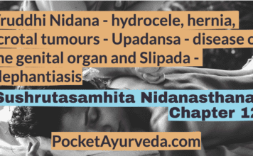 Vruddhi Nidana - hydrocele, hernia, scrotal tumours - Upadansa - disease of the genital organ and Slipada - elephantiasis - Sushrutasamhita Nidanasthana Chapter 12